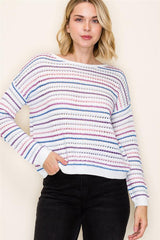 Multi Color Stripe Crochet Long Sleeve Top