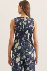 Navy Floral Sleeveless Gold Button Front Top