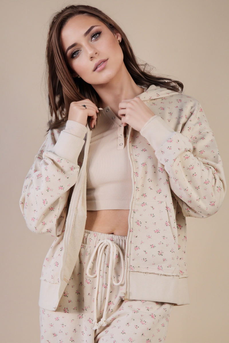 Cream Floral Oversized Zip Up Hoodie