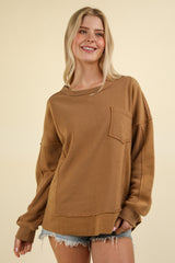 Curvy Mixed Material Outstitched Front Pocket Pullover