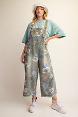 Olive Flower Printed Washed Denim Overalls