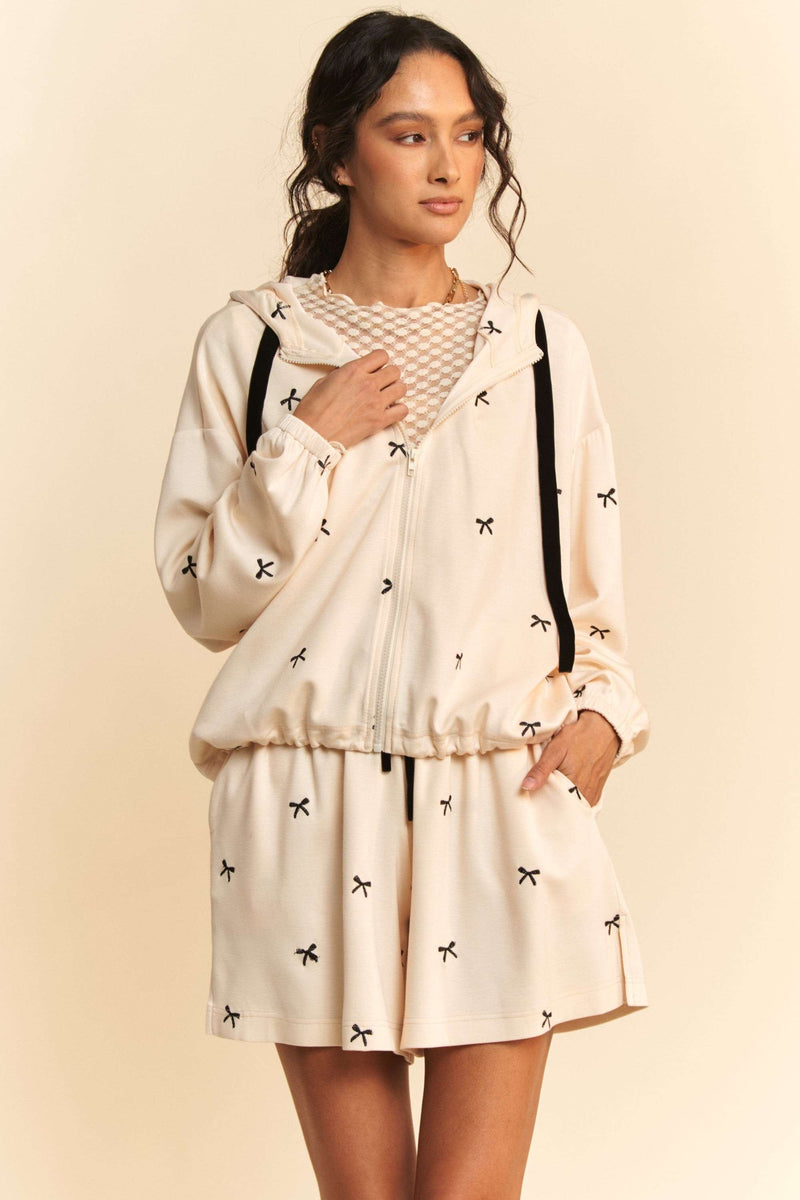 Cream Bow Embroidered Cropped Zip Up Jacket