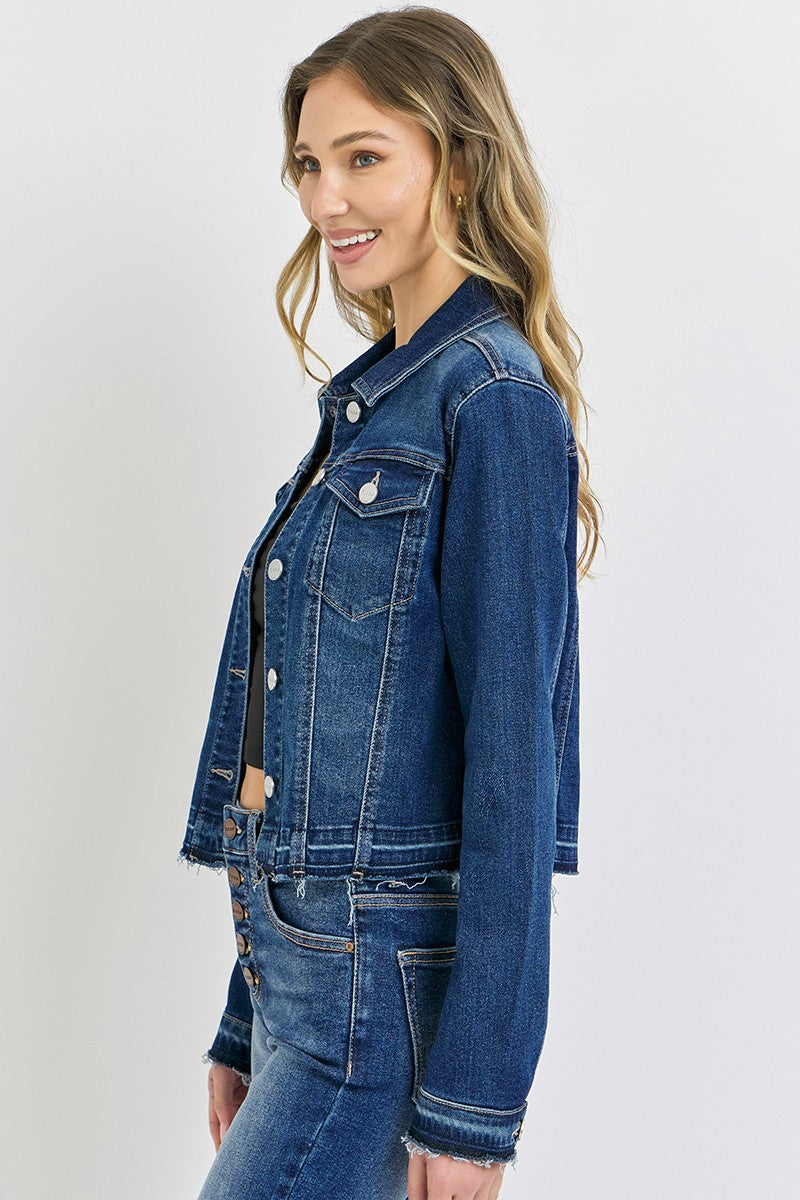 Dark Wash Raw Hem Denim Jacket