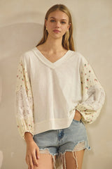 Curvy Off White Lace With Floral Balloon Sleeve Top