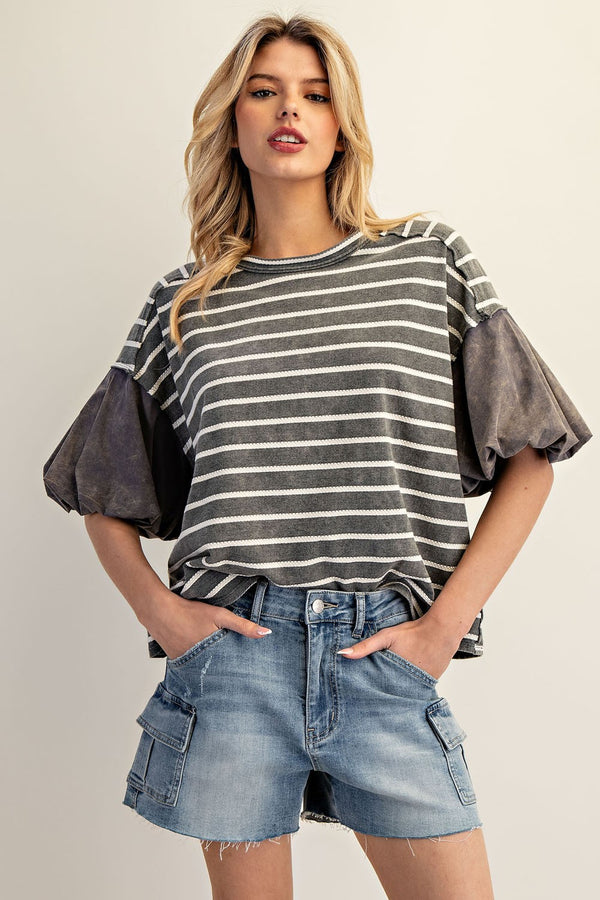 Charcoal Striped Puff Sleeve Top