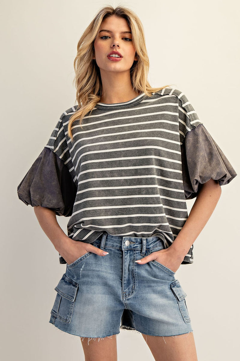 Charcoal Striped Puff Sleeve Top