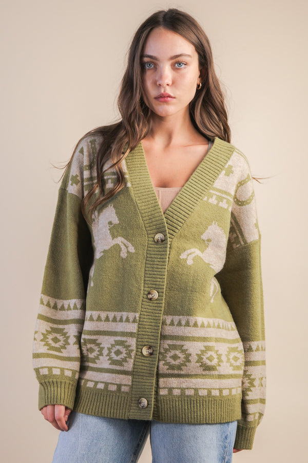Olive Oversized Western Cardigan