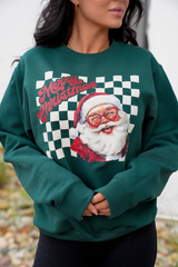 Green Checkered Merry Christmas Santa Crewneck