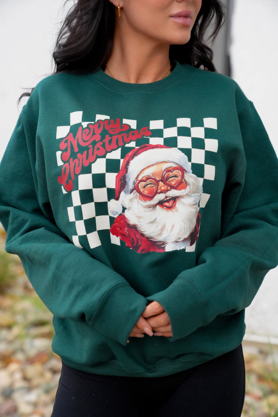 Green Checkered Merry Christmas Santa Crewneck