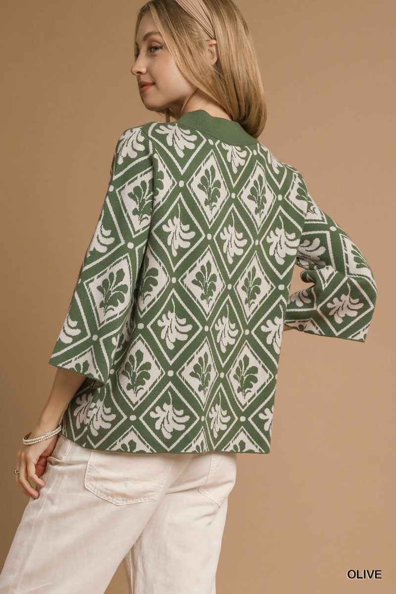 Olive Patterned Mock Neck Sweater