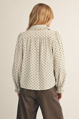 Ivory Ruffle Detail Button Down Polka Dot Top