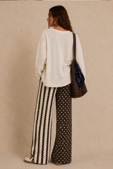 Brown Mix Dot and Stripe Panel Wide Leg Pants