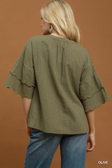 Olive Checkered Scallop Ruffled Hem Top