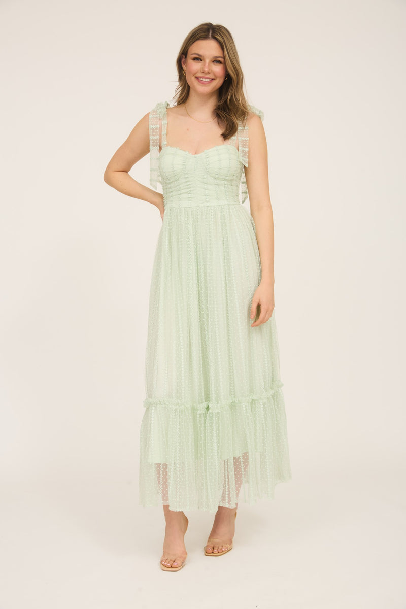 Polka Dot Chiffon Tie Strap Ruched Maxi Dress