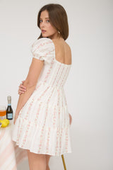 Pink Striped Floral Puff Sleeve Dress