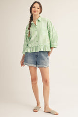 Green and White Stripe 3/4 Sleeve Pleated Ruffle Hem Top