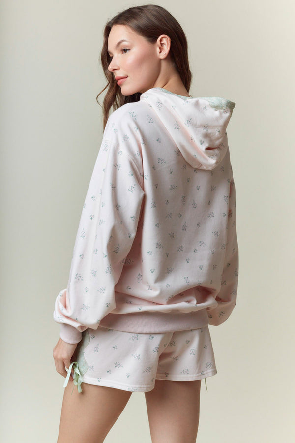 Pink Ditsy Flower Printed Hoodie