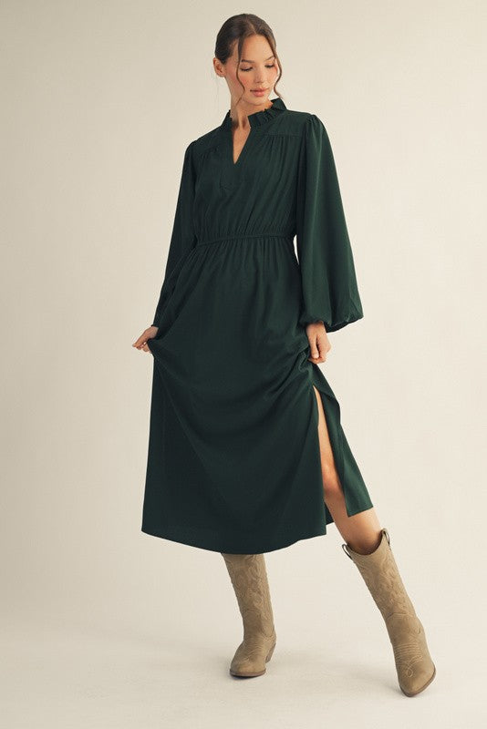 Hunter Green Midi Dress With Side Slits