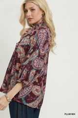 Plum Paisley Print V-neck Top