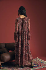 Burgundy Floral Organza Long Sleeve Dress