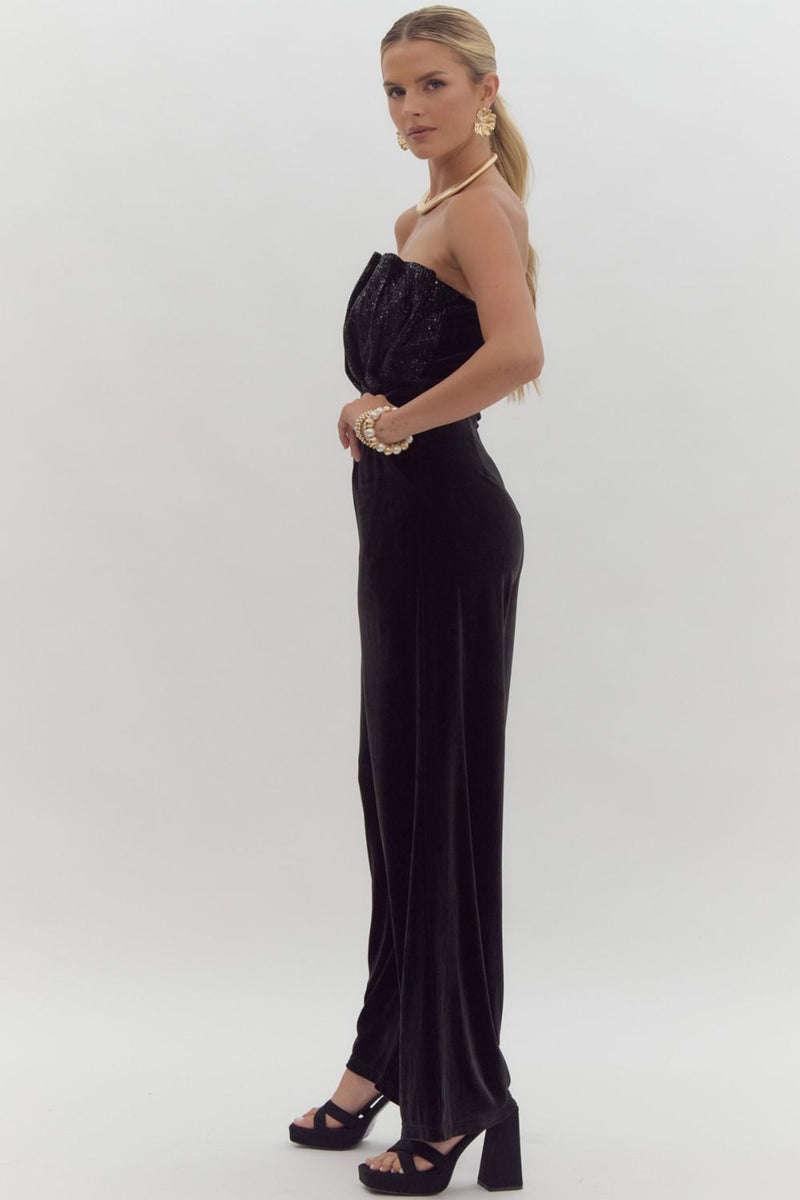Black Strapless Sequin Top Jumpsuit