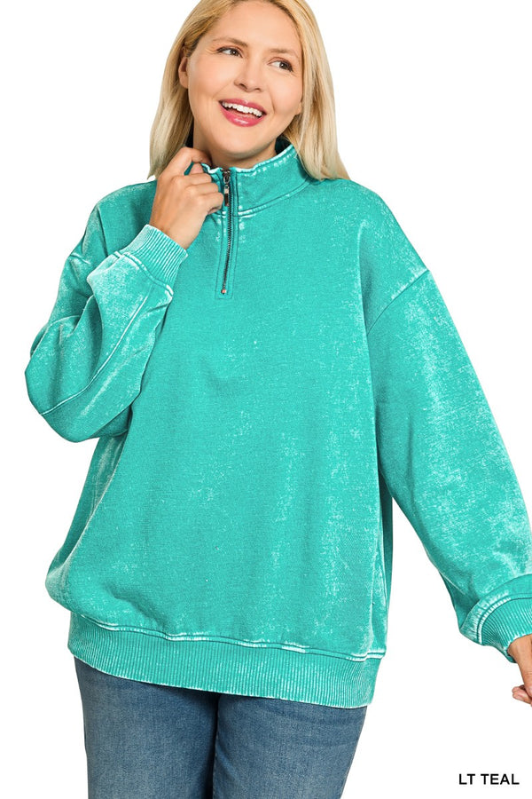 Curvy Acid Washed Fleece Half Zip Pullover