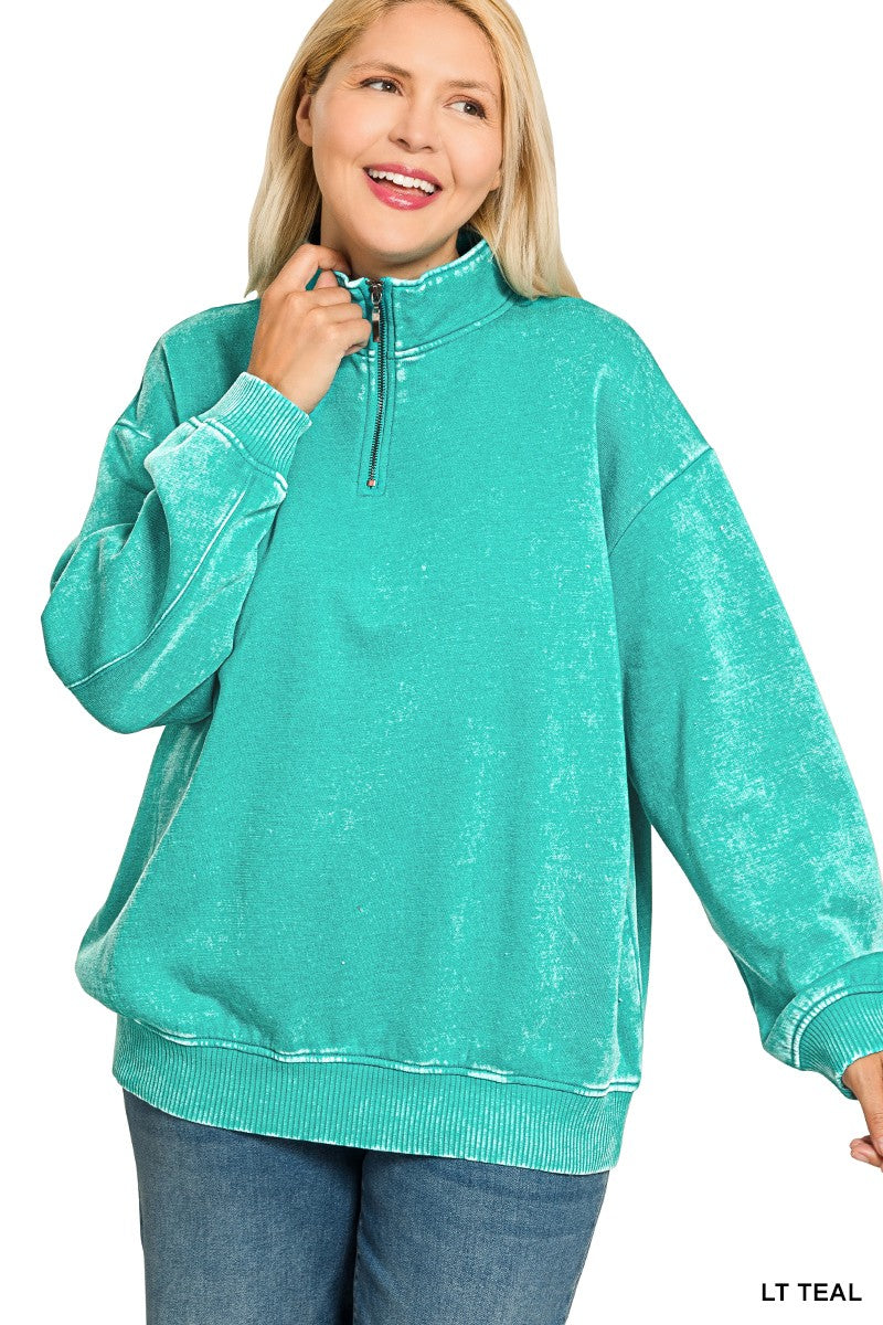 Curvy Acid Washed Fleece Half Zip Pullover