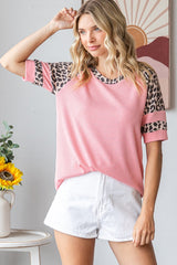 Coral Leopard Detail Ribbed Top