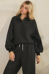 Black Quarter Zip Pullover With Polka Dots