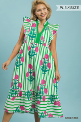 Curvy Floral Stripe Midi Dress