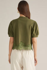 Olive Short Puff Sleeve Mock Neck Lace Trim Top