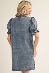 Embroidered Smocked Neck Chambray Dress