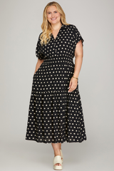 Curvy Black Polka Dot Collared Smocked Waist Midi Dress