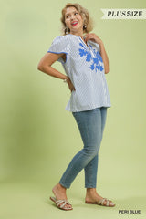 Curvy Blue V-Neck Stripe Top with Lace Trim