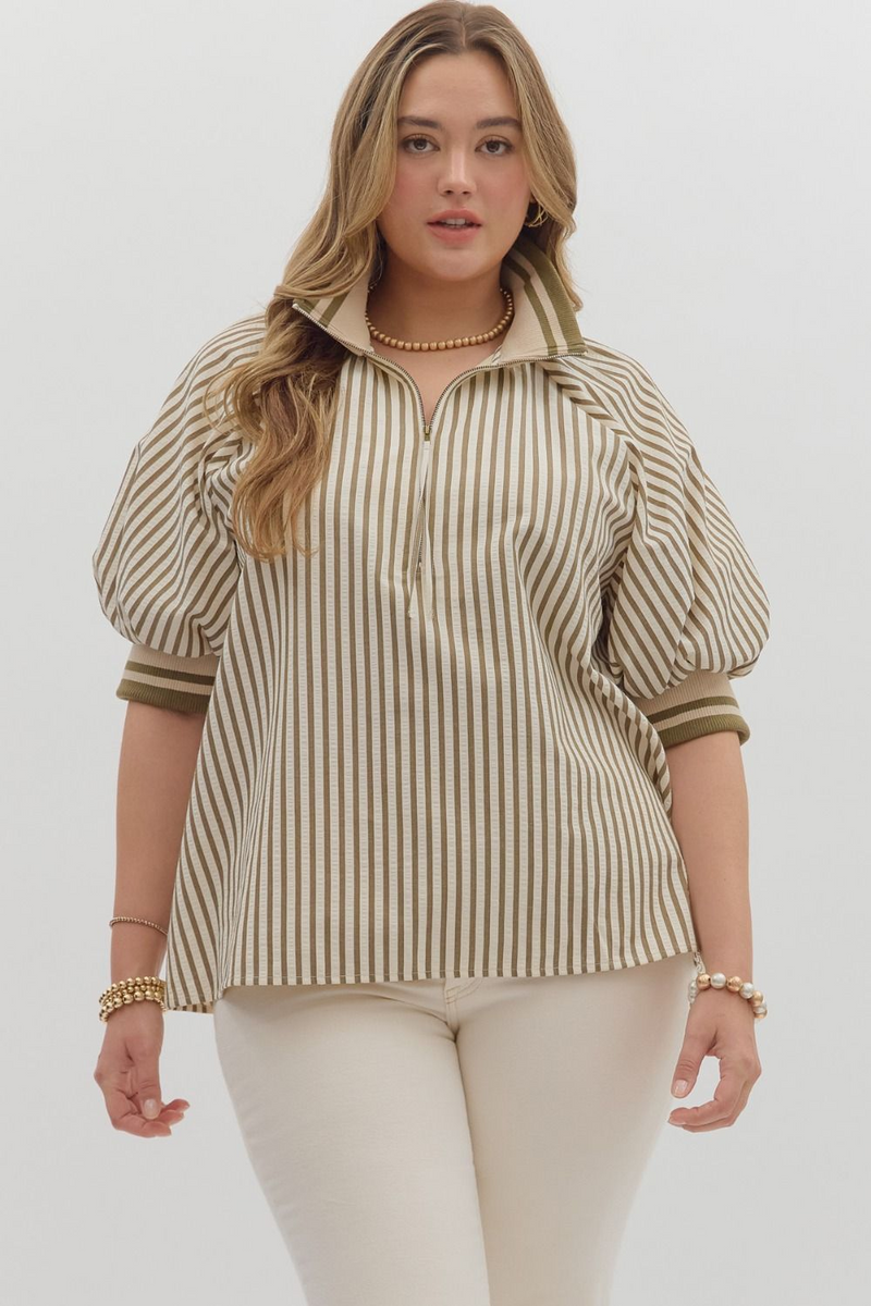 Curvy Olive Stripe Pattern Half-Zip Short Puff Sleeve Top
