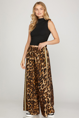 Wide Leg Leopard Print Pants With Side Stripe