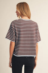 Striped Short Sleeve Front Button Sweater