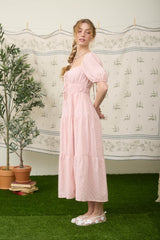 Pink Swiss Dot Shirred Waist Tiered Midi Dress