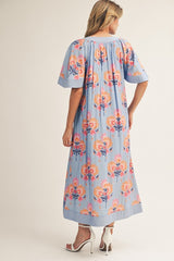 Blue Floral Flutter Sleeve Midi Dress