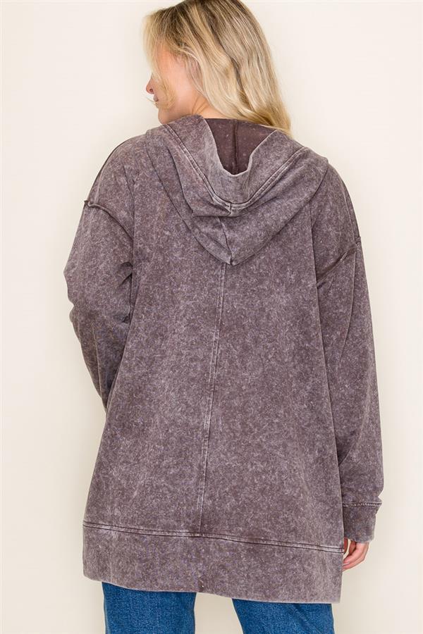 Gray French Terry Mineral Wash Hooded Cardigan