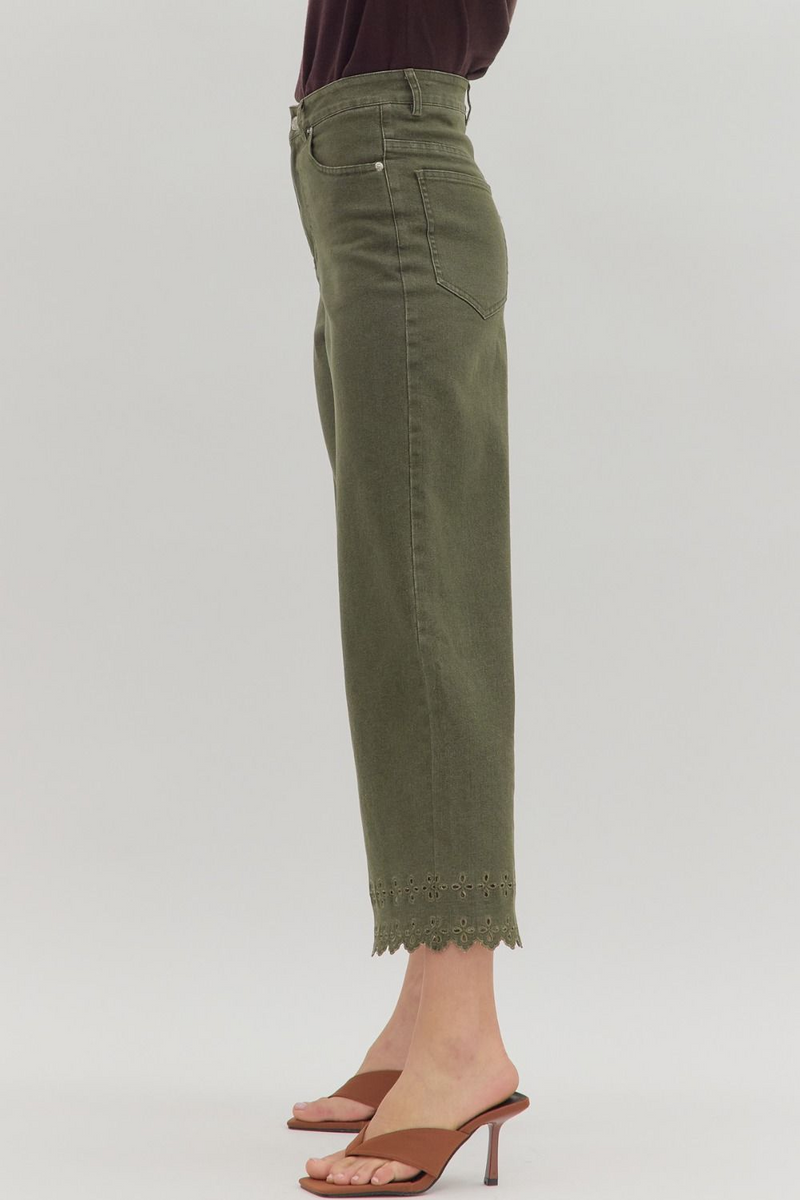 Olive High Waist Crop W/ Floral Embroidered Hem