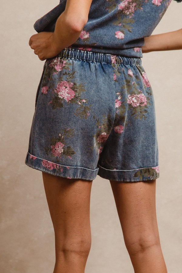 Floral Printed Denim Shorts with Drawstring and Pocket