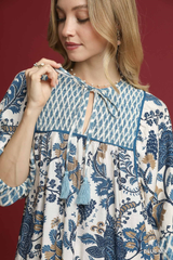 Blue With Browns Mixed Print Mini Dress