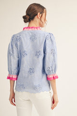Blue 3/4 Sleeve Button Down Eyelet Top