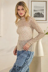 Cream Floral Ruffle Hem Flower Mesh Top