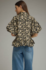 Black Floral Print Puff Sleeve Top