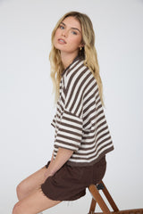Brown Raw Edge Short Sleeve Button Down Cardigan