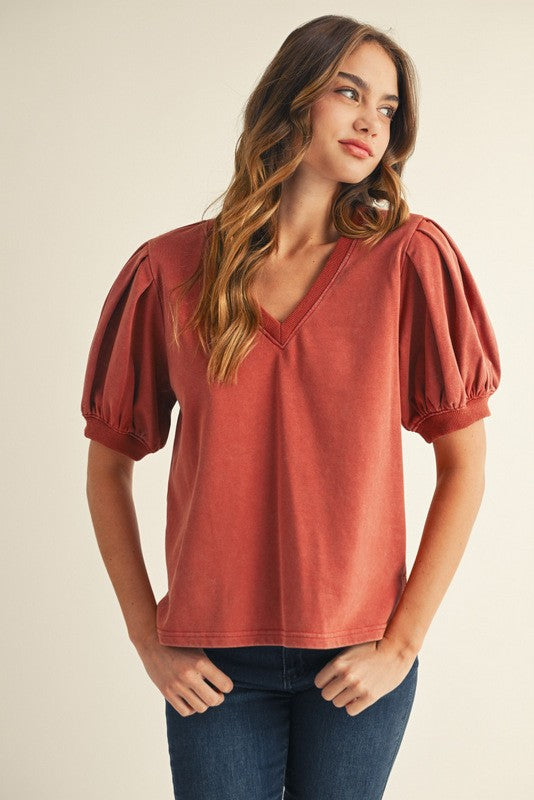 Rust V Neck Poof Sleeve Shirt
