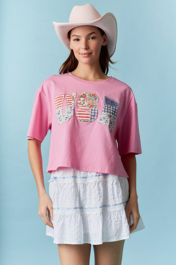 Pink USA Patchwork Cropped Tee