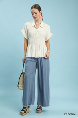 Light Denim Front Pleated Wide Leg Pant